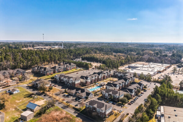 Aerial drone view of The Overlook student apartment community and surrounding Nacogdoches TX neighbourhood