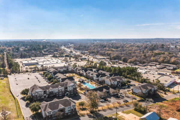 Wide aerial view of The Overlook student apartment community near SFA in Nacogdoches TX