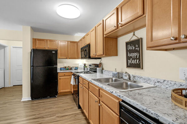 Fully equipped apartment kitchen with granite-style countertops and wood cabinetry at The Overlook Nacogdoches TX