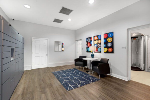 Package lockers and tanning suite lounge area at The Overlook student apartments Nacogdoches TX
